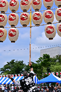 竿燈まつりの妙技大会の様子。男性が肩に竿燈を載せようとしている画像。
