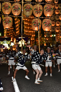 男性が二人並んで竿燈を上げている画像