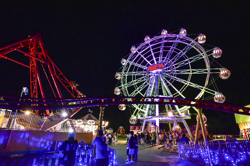 ライトアップされた観覧車等のアトラクションが写っている写真